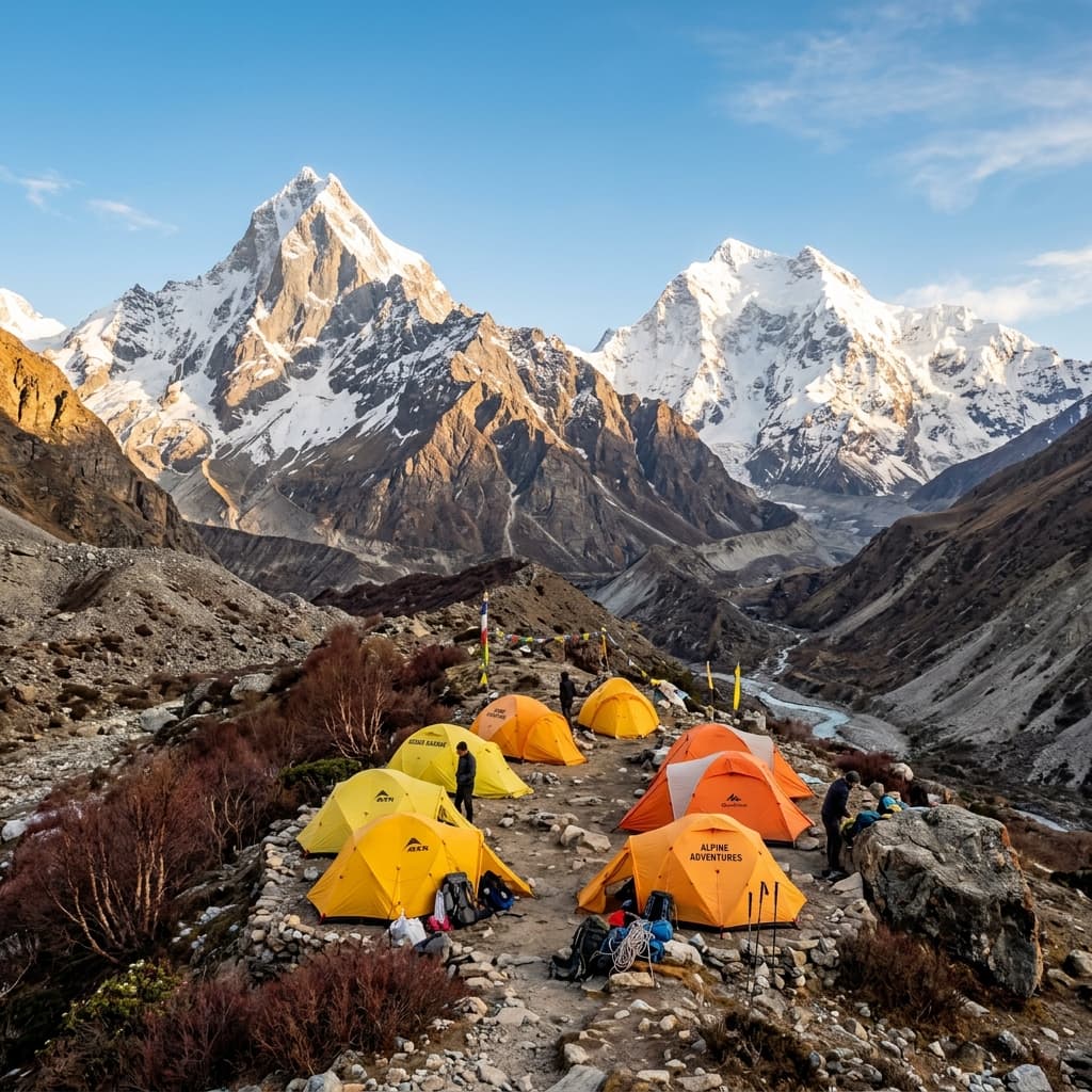 High altitude alpine camping at Kedar Kharak campsite