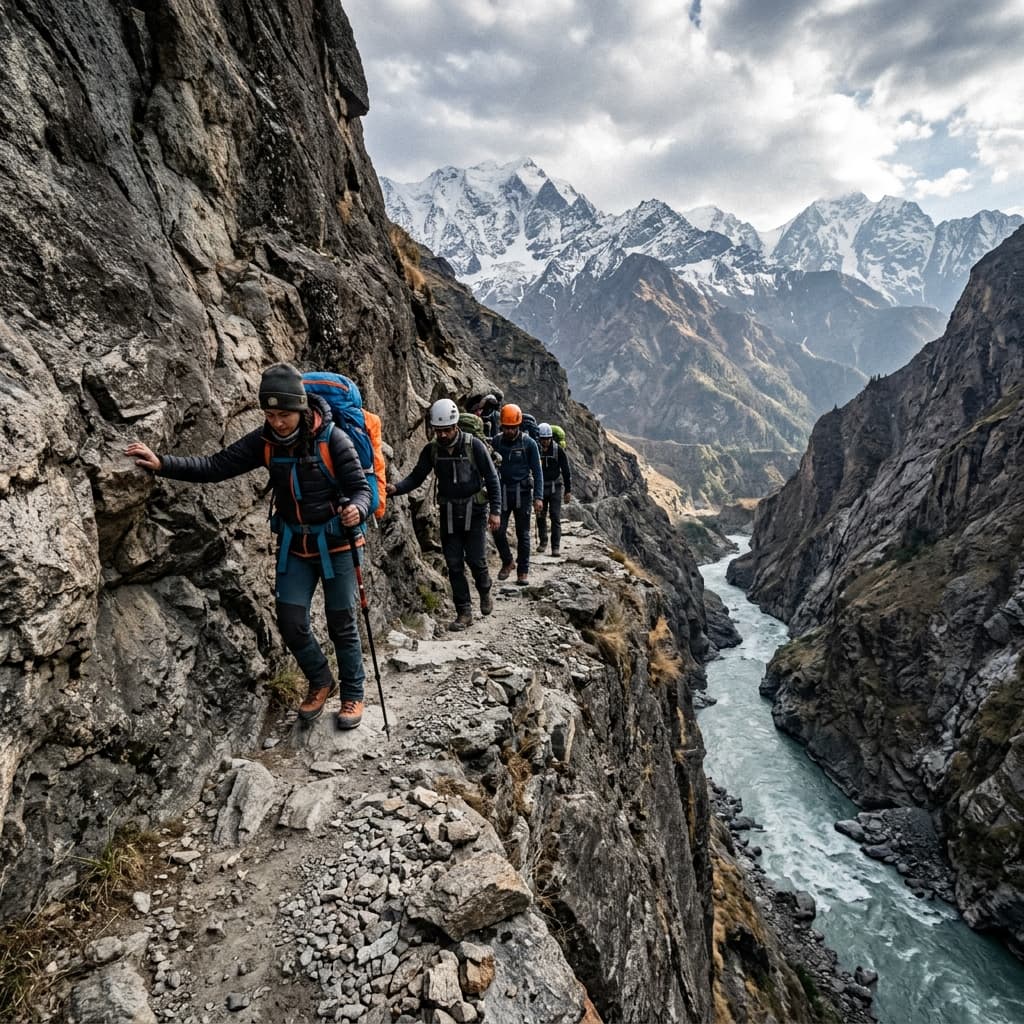 High-ankle waterproof boots on steep moraine cliff trail